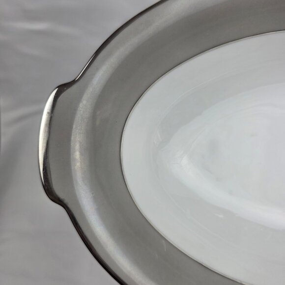 Sango Plantina Oval Serving Bowl 10 Inch White with Gray Band & Platinum Trim - Picture 3 of 11